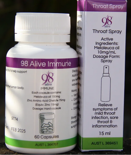 98 Alive THROAT SPRAY and IMMUNE SUPPORT CAPSULES combo pack